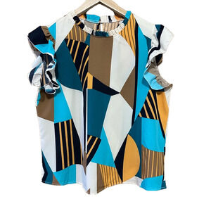 Abstract Ruffle Cap Sleeve Blouse Navy Turquoise Yellow Beige Brown - XL